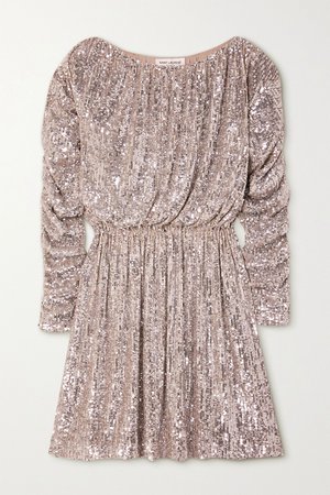 Silver Ruched sequined tulle mini dress | SAINT LAURENT | NET-A-PORTER