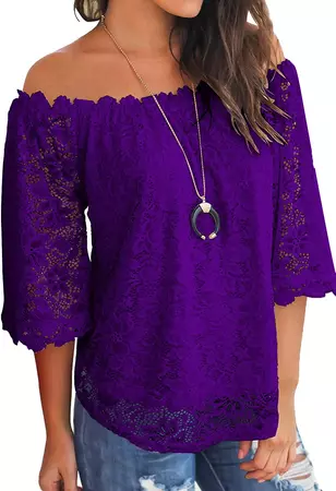 MIHOLL Women's Lace Off Shoulder Tops Casual Loose Blouse Shirts (Purple, Large) at Amazon Women’s Clothing store