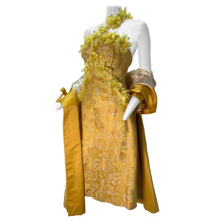 1960 Canary Yellow Silk Brocade Flower Appliqué Cocktail Dress and Opera Coat For Sale at 1stDibs