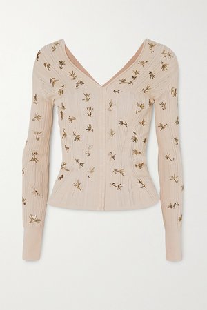 Beige Embellished ribbed silk and cotton-blend sweater | Chloé | NET-A-PORTER