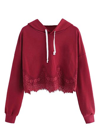 MAKEMECHIC Women's Casual Loose Sweatshirt Drawstring Lace Trim Crop Hoodie Top at Amazon Women’s Clothing store: