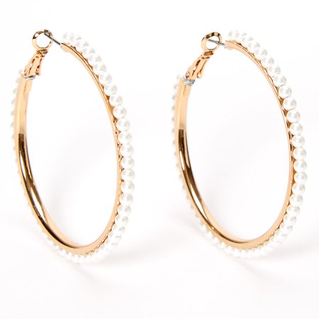 Gold 50MM Pearl Lined Hoop Earrings | Claire's US
