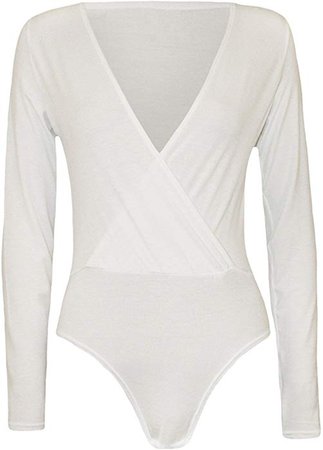 COMMENCER Women's Cross Over Wrap V Neck Long Sleeve Bodysuit Shirt Leotard Top White-L/XL at Amazon Women’s Clothing store: