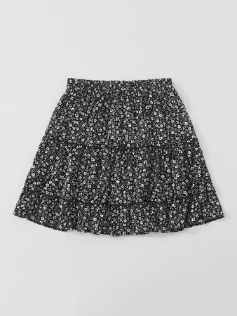 Ditsy Floral Tiered Layer Mini Skirt | SHEIN USA black