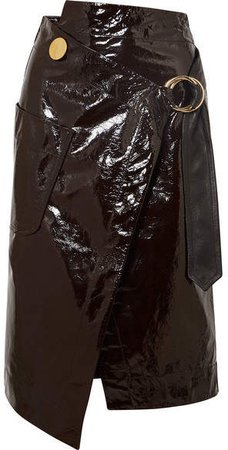 Asymmetric Patent-leather Wrap Skirt - Dark brown