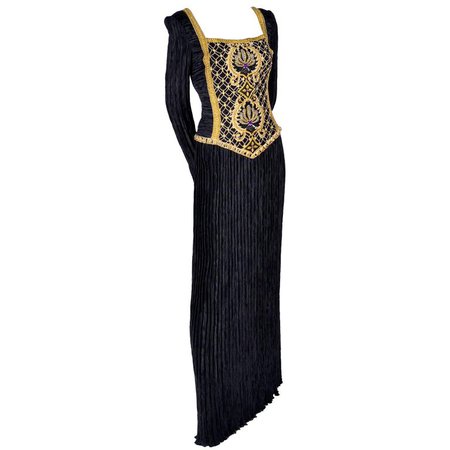 Beaded Mary McFadden Couture Black Dress w Gold Braid Sequins and Rhinestones For Sale at 1stdibs