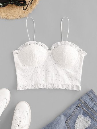[29% OFF] [HOT] 2020 ZAFUL Broderie Anglaise Smocked Padded Cami Top In WHITE | ZAFUL