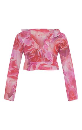 Pink Floral Print Chiffon Ruffle Trim Blouse | PrettyLittleThing USA
