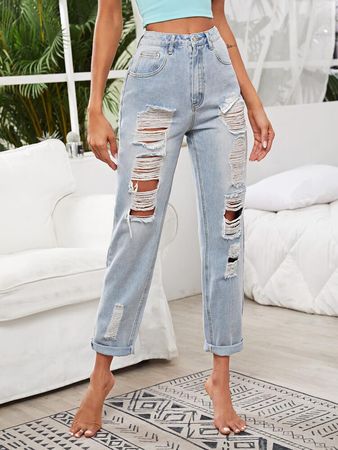 Bleach Wash High-Rise Destroyed Ripped Detail Jeans | SHEIN USA