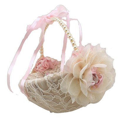 Flower Girl Basket Ivory Blush Pink Champagne Vintage Style Lace Basket Pearl Handle Basket Gatsby Wedding Gift
