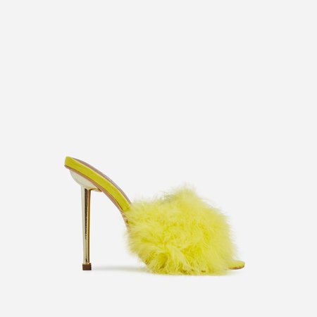 Risky Faux Feather Pointed Toe Heel Mule In Yellow Faux Suede | EGO
