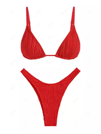 ZAFUL Women's Wave Textured Triangle High Leg Cheeky Brazilian Bikini Two Piece Swimwear Set In RED | ZAFUL 2024