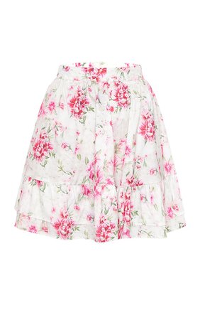 Pink Floral Print Frill Panel High Waist Mini Skirt