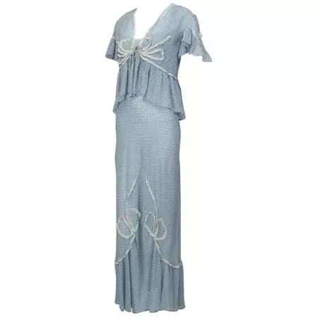 Powder Blue Printed Chiffon Regency Peignoir Dressing Gown, Italy - S-M, 1930s at 1stDibs | regency dressing gown, peignoirs for sale, powder blue dressing gown