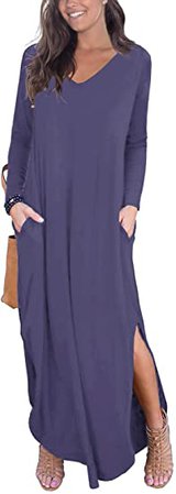 GRECERELLE Women's Casual Loose Pocket Long Dress Long Sleeve Split Maxi Dresses Purple Gray Large at Amazon Women’s Clothing store