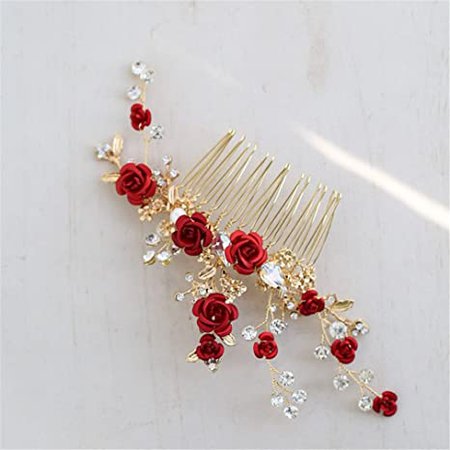 Amazon.com : Red Floral Bridal Hair Accessories Headband Gold Wedding Hair Comb Accessories Women Prom Headpiece Jewelry hair comb : Beauty