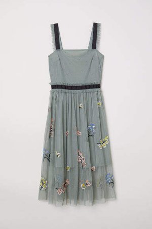 Tulle Dress with Embroidery - Green