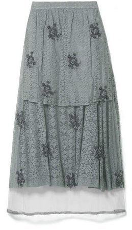 Embroidered Tulle-paneled Corded Lace Midi Skirt - Gray