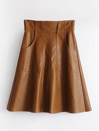 Front Pocket PU Flare Skirt