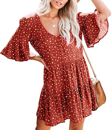 Saikesigirl Womens Polka Dot Button Down Dress Boho Short Sleeve Ruffle Mini Dresses with Belt at Amazon Women’s Clothing store