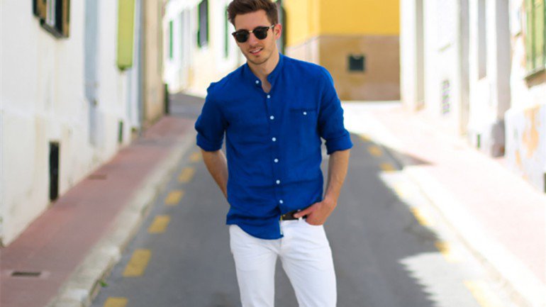 blue linen shirt man