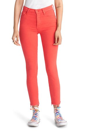 MOTHER The Stunner High Waist Frayed Ankle Skinny Jeans (Tomato) | Nordstrom