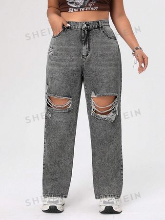 SHEIN ICON Plus Size Women's Distressed Water Washed Straight Leg Jeans | SHEIN USA