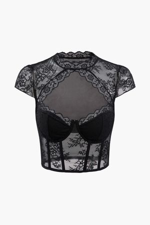 Sheer Lace Cut Out Short Sleeve Crop Top – Micas
