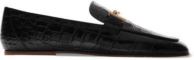 Embellished Glossed Croc-effect Leather Loafers - Black