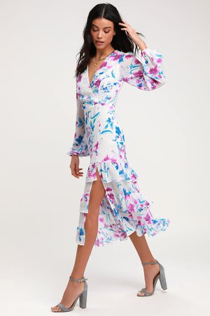 Lovely Floral Print Dress - Balloon Sleeve Dress - Midi Dress