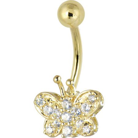 Solid 14kt Yellow Gold Cubic Zirconia Butterfly Dreams Belly Ring – BodyCandy