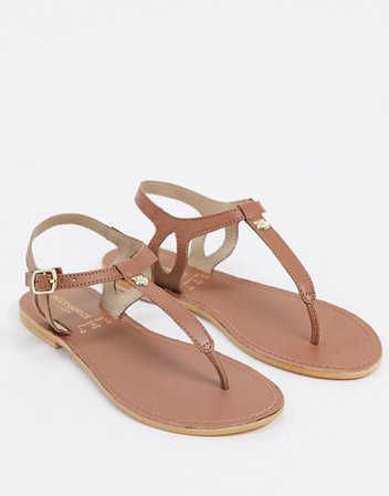 Accessorize leather t-bar flat sandals in tan | ASOS
