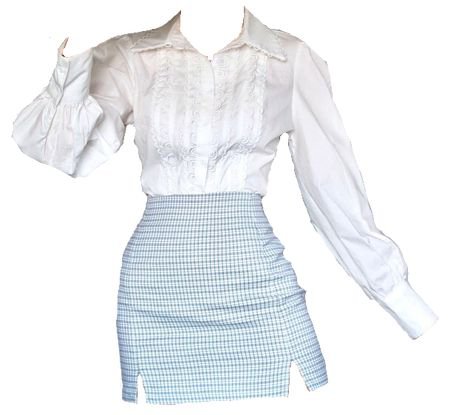 White Long Sleeve Blouse & Light Blue Mini Skirt Outfit (png)