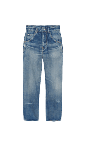 CROPPED HIGH-WAISTED STRAIGHT-FIT JEANS IN SANDY WINTER BLUE DENIM