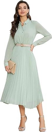 AbleTree Business Casual Shirt Dress for Women Long Sleeves Pleated Midi Dresses with Belt at Amazon Women’s Clothing store