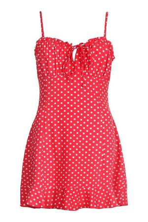 Polka Dot Tie Front Strappy Cami Dress | boohoo red