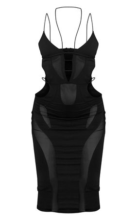 Black Mesh Panel Detail Elastic Strap Midi Dress | PrettyLittleThing USA