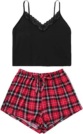 SweatyRocks Women's Sleepwear Set Plaid Print Cami Top and Elastic Waist Short Pajama Set at Amazon Women’s Clothing store