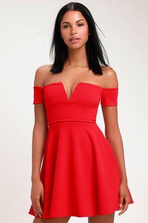 Cool Red Dress - Off-the-Shoulder Dress - Red Skater Dress