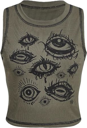 SOLY HUX Women's Y2k Goth Eye Print Crop Tank Top Round Neck Sleeveless Summer Tops Army Green Print L at Amazon Women’s Clothing store