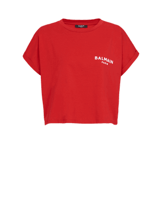 Cropped eco-designed cotton T-shirt with small flocked Balmain logo - Women | BALMAIN
