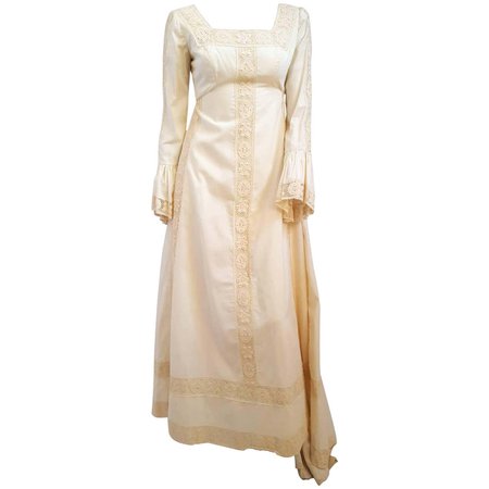 70s Emma Domb Medieval Style Cotton Wedding Dress w/ Train For Sale at 1stDibs
