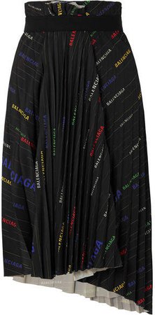 Asymmetric Pleated Printed Crepe Midi Skirt - Black