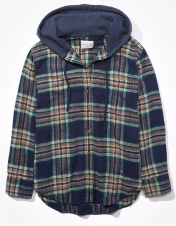 AE Plaid Hooded Button Up Shirt navy