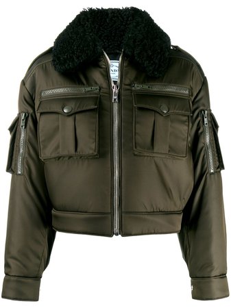 Green Prada Shearling Collar Aviator Jacket | Farfetch.com