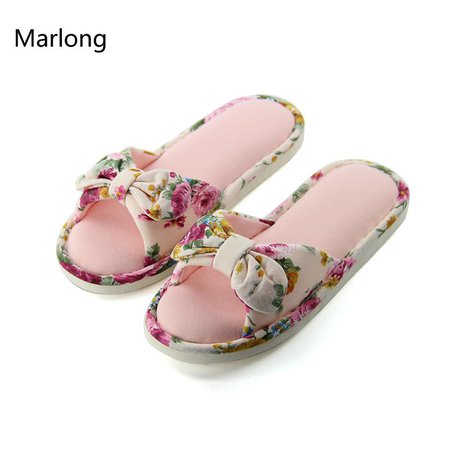 Floral Bow Cute Women Slippers Home Soft Cotton Comfortable Open Toe Flip Flops Romantic Pastoralism