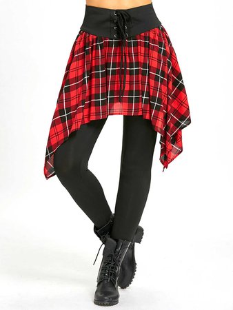 2018 Asymmetric Plaid Lace Up Tight Skirted Leggings BLACK/RED M In Leggings Online Store. Best Asymmetrical Skirt For Sale | DressLily.com