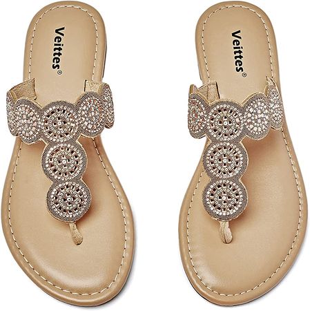 Amazon.com | Veittes Women's Slide Sandals - Ladies T Strap Bling Thong Fashion Flip Flop Sandals.(7007-1,GD/PU,12) | Shoes