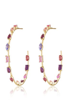 14k Yellow Gold Goddess Hoop Earrings With Pink Stones By Eden Presley | Moda Operandi