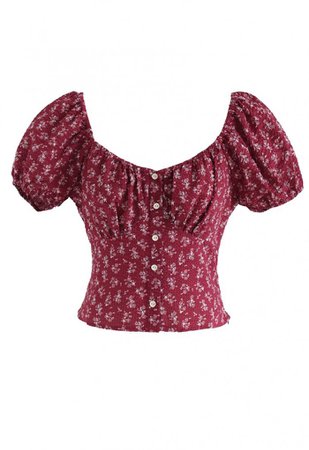 Ditsy Floral Embossed Shirred Crop Top in Red - NEW ARRIVALS - Retro, Indie and Unique Fashion